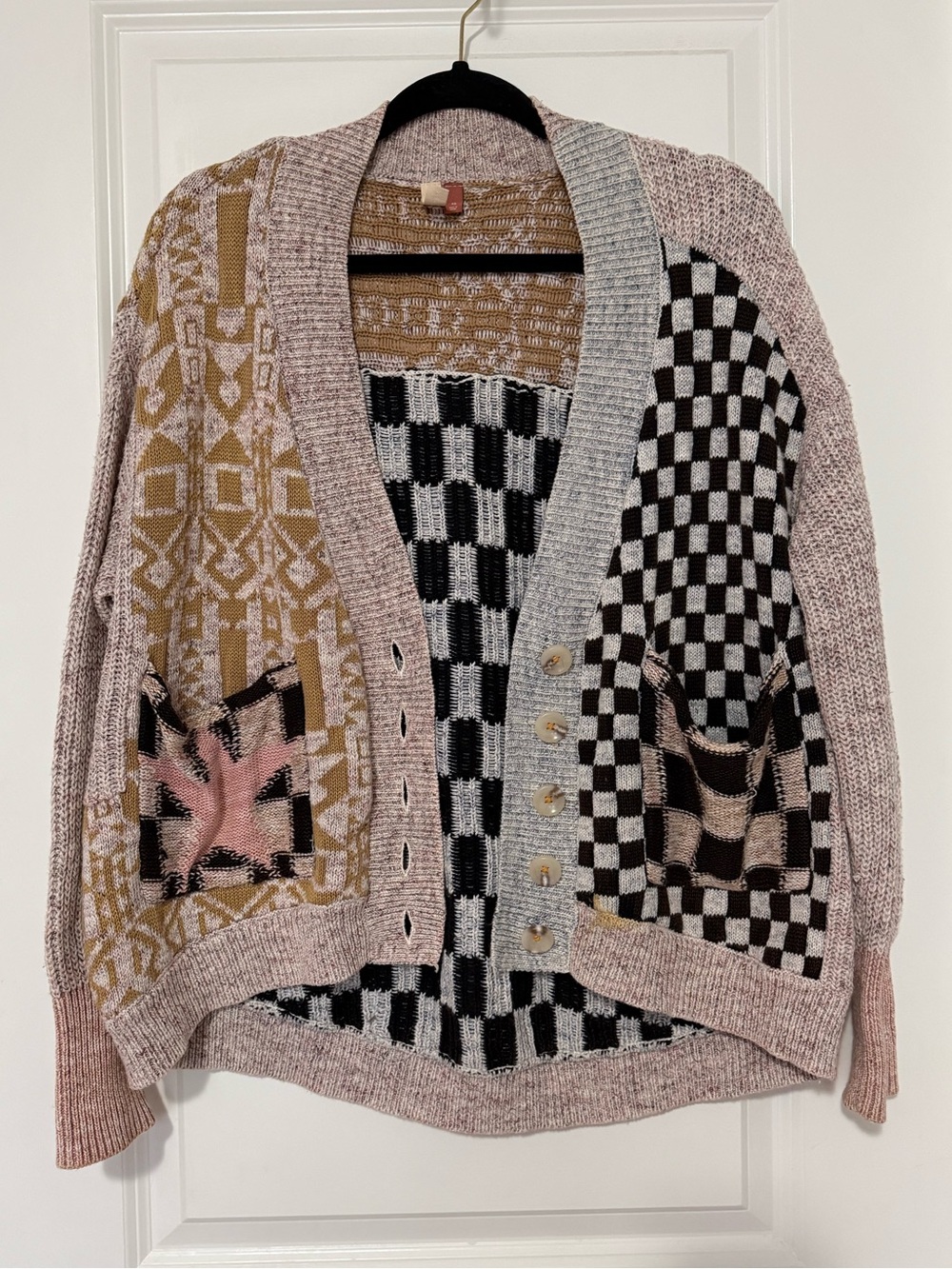 Pilcro Patchwork Cardigan in Pink, Black, Cream and Brown